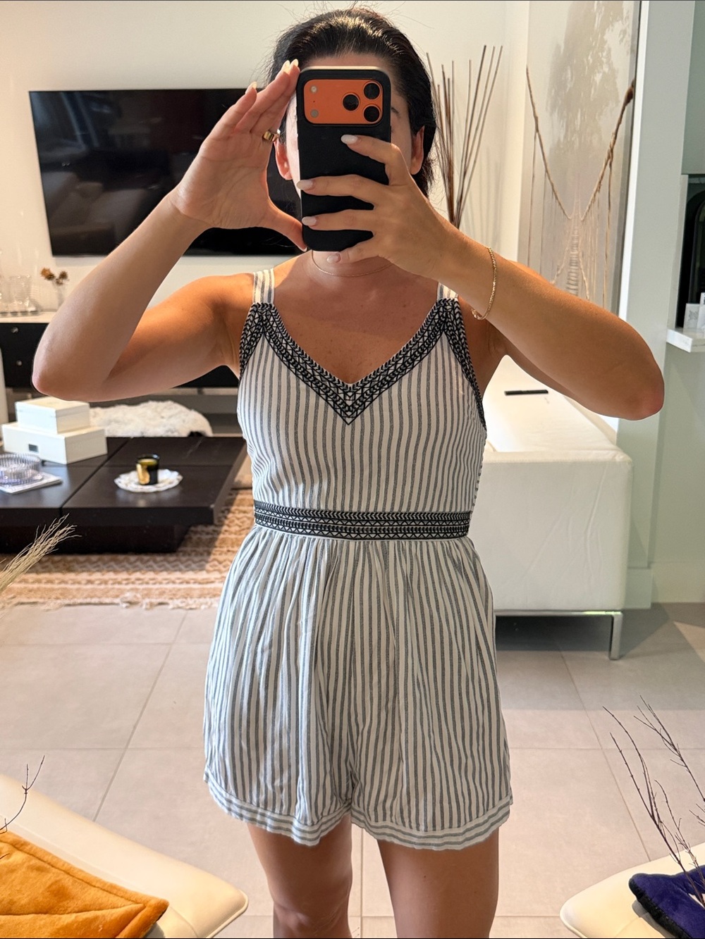 Japna size small Striped V-Neck Romper in White and blue lightweight 100% rayon